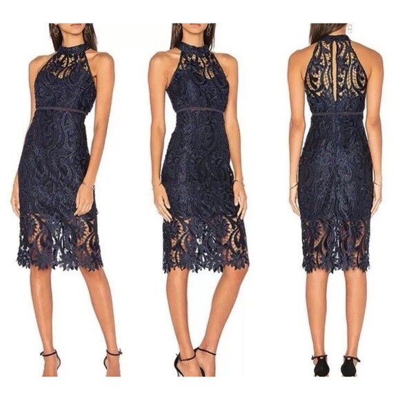 Bardot Isa Cocktail Dress Size 10 Lace Halter French Navy Lined Evening Party - Picture 1 of 12